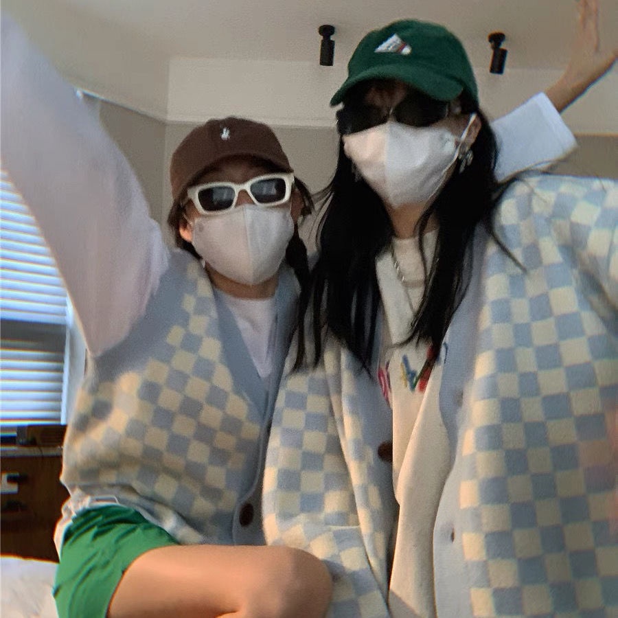 COZOK Áo sweater cổ chữ V họa tiết sọc caro phong cách Hàn Quốc