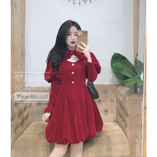 Váy nhung đỏ đô cổ nơ cúc ngọc tay bo kiểu dáng bồng bềnh tiểu thư