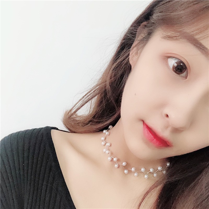 SUXI Vòng Cổ Choker Đính Hạt Ngọc Trai Giả