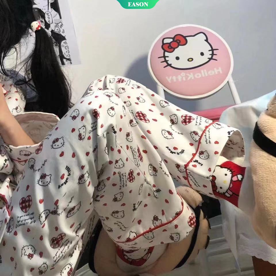 Bộ Đồ Ngủ Tay Dài In Hoạt Hình Mèo Hello Kitty Xinh Xắn Thời Trang Xuân Thu Cho Nữ