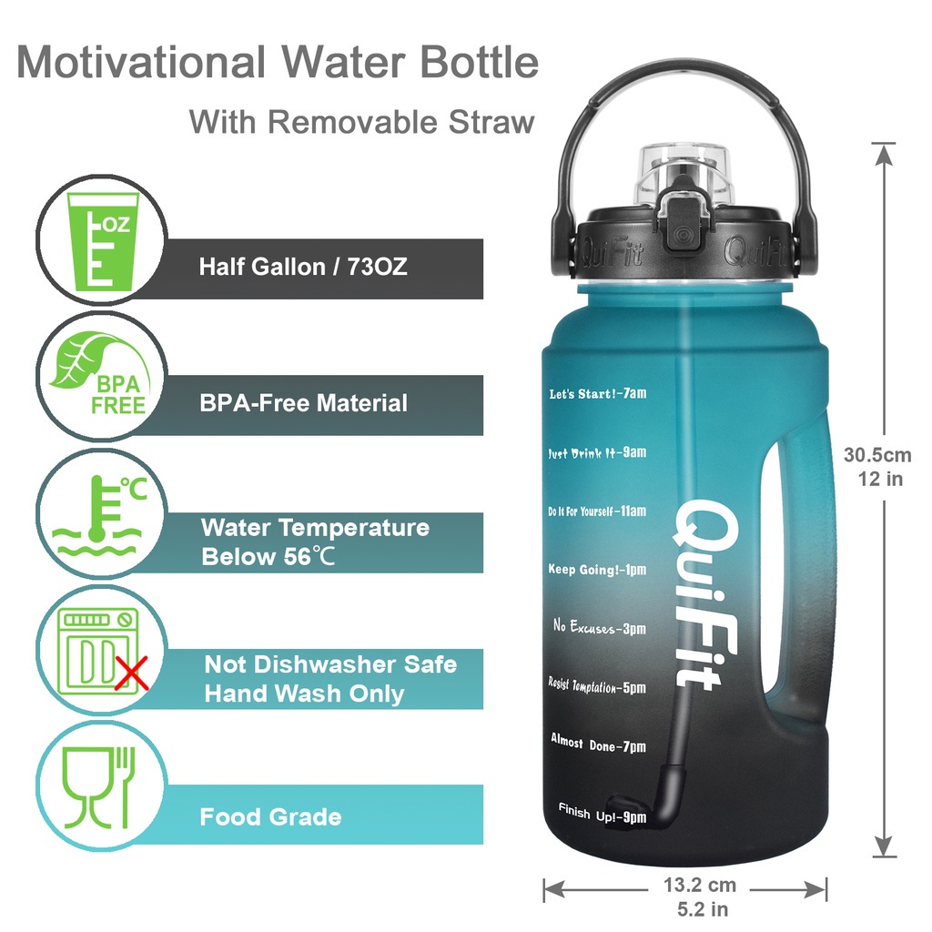 Bình nước QUIFIT 2.2L có ống hút không chứa bpa miệng rộng dễ vệ sinh nhiều màu kèm h