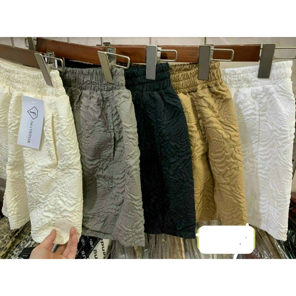 Quần short nữ ống rộng lưng cao xốp hoa in nổi 3D, quần đùi nữ mặc ở nhà