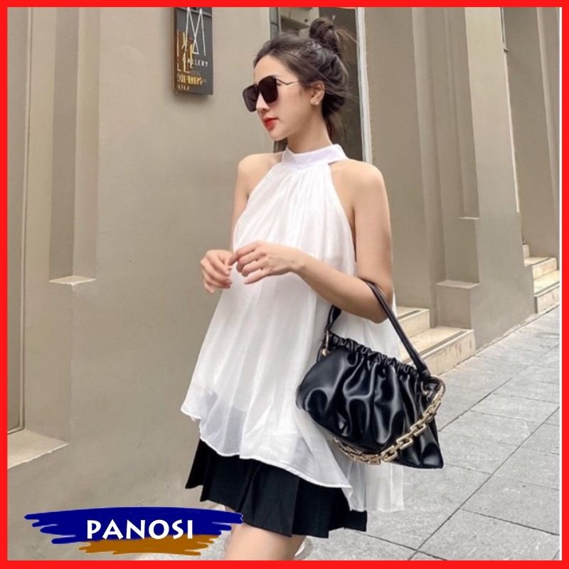 Áo kiểu thời trang nữ trắng dáng yếm bánh bèo 2 lớp có đai thắt eo xinh xắn PANOSI - Mã A232