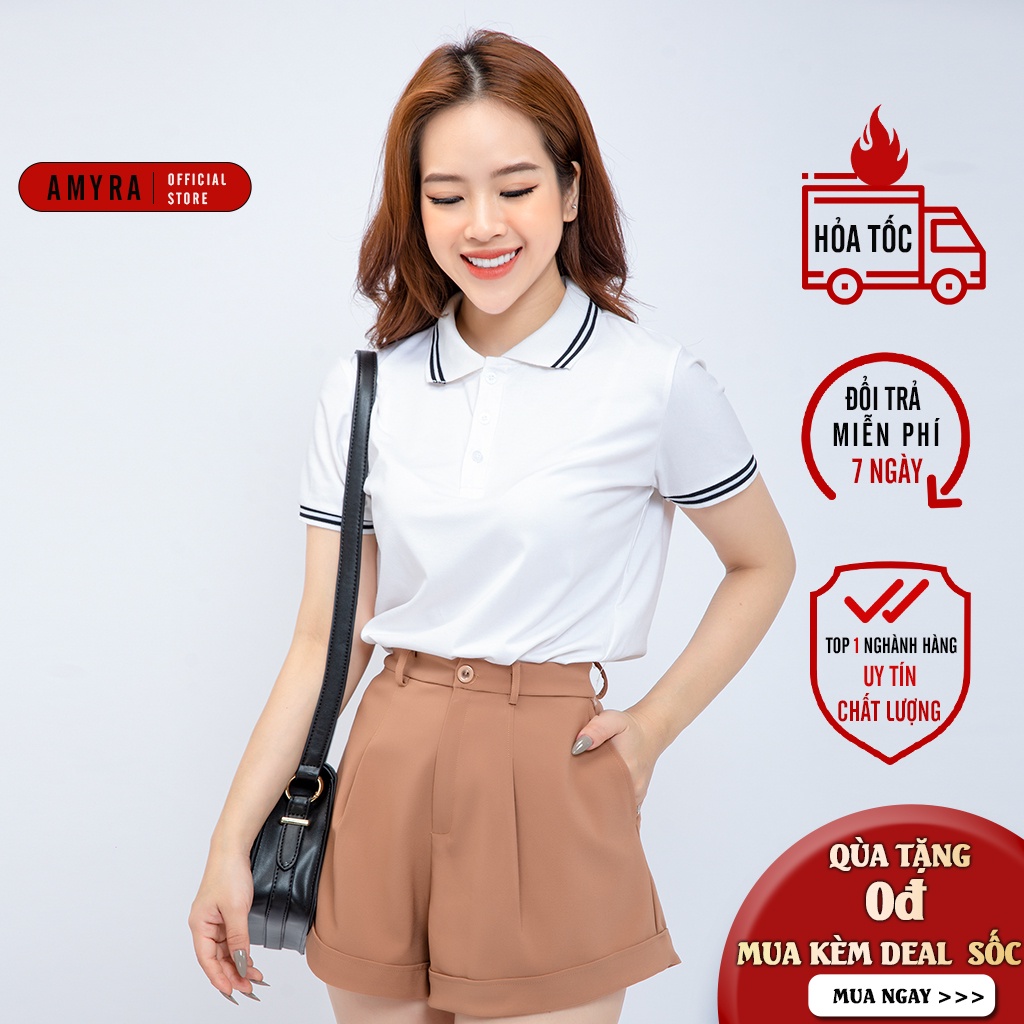 Áo phông nữ có cổ mùa hè AMYRA, polo tay ngắn co giãn basic vải cotton thun trơn trắng đen mặc đi làm, thể thao AT021