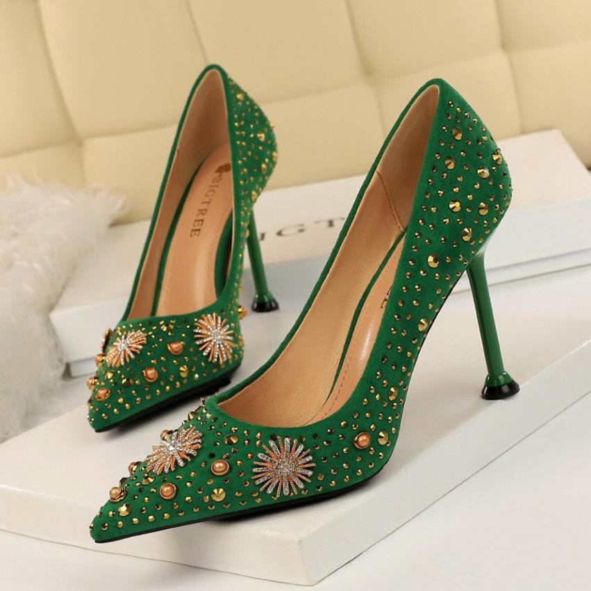 GIÀY CAO GÓT BIGTREE DA LỘN MŨI NHỌN RHINESTONE TRANG TRÍ 278-16