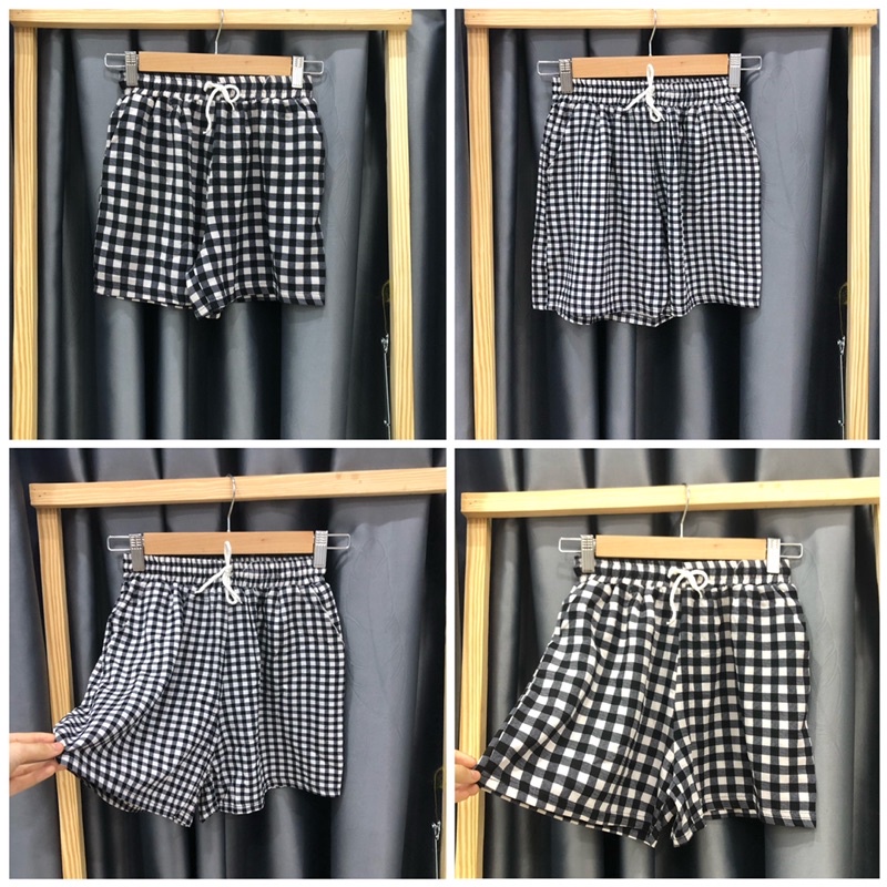 Quần đùi cotton lụa eo chun hoạ tiết caro