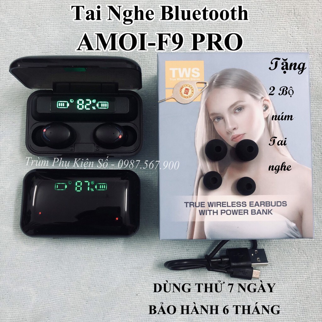 Tai nghe Bluetooth 5.0  AMOI F9 Cảm ứng, Màn Hình Led, Phiên Bản TIẾNG ANH, Kiêm Sạc Dự Phòng Cho Điện Thoại