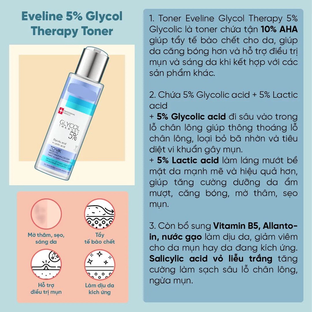 Toner Nước hoa hồng Eveline 5% Glycolic Acid tẩy da chết, ngừa mụn, mờ thâm 110ml