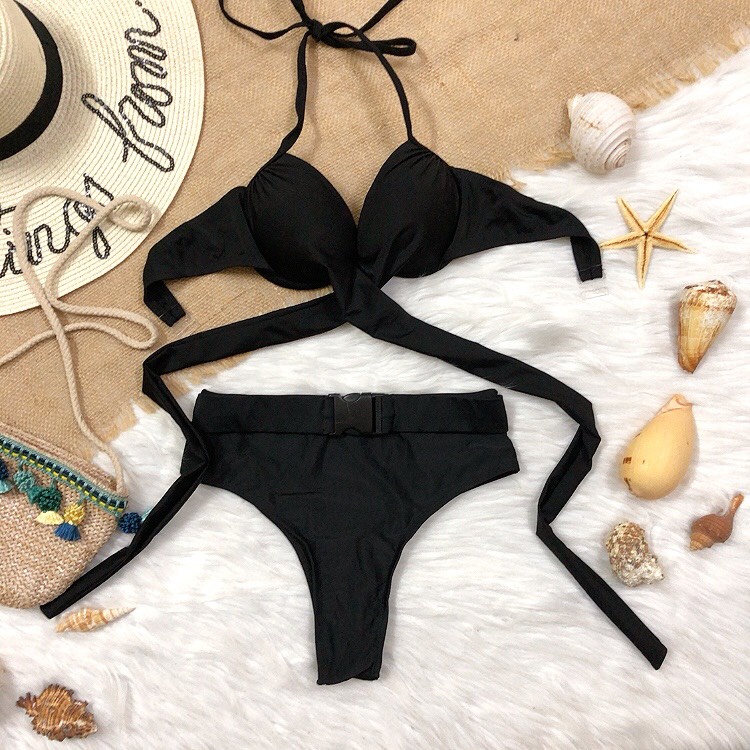 Bikini nữ đi biển đồ bơi 2 mảnh nâng ngực áo chéo eo mix quần cài khóa sexy
