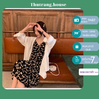 Váy hoa nhí ulzzang hai dây bản nhỏ dáng xuông cổ tim phong cách Hàn Quốc loại 1 M06