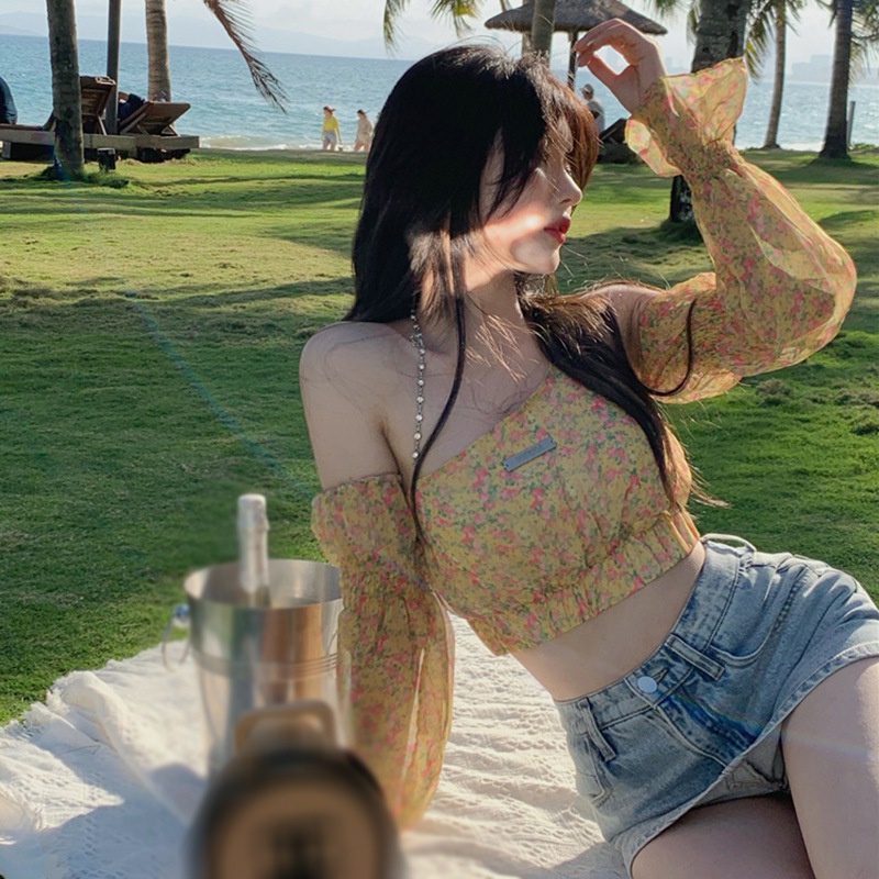 Áo Croptop Tay Dài Trễ Vai Siêu Ngắn In Họa Tiết Hoa Phong Cách Hàn Quốc Thời Trang Dành Cho Nữ