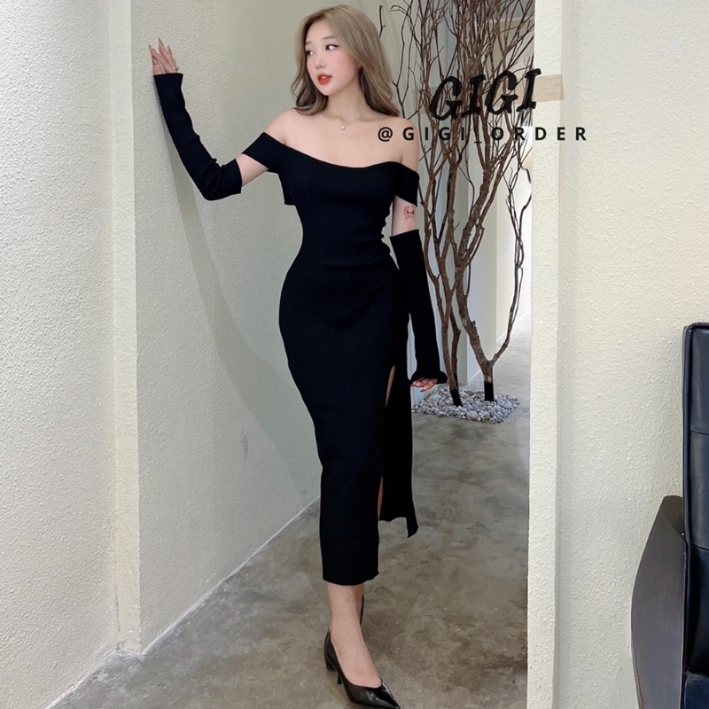 Đầm đen body kèm găng tay