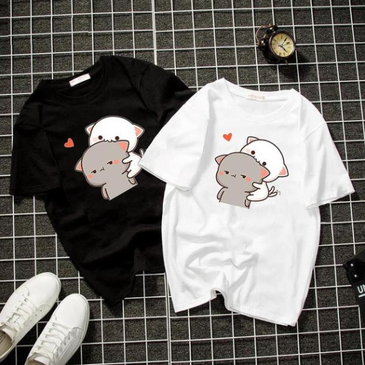 Áo thun form rộng unisex mèo và bạn dễ thương vải dày mịn 2019T22067