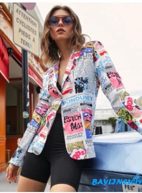 BAY-Women´s Long Sleeve Colorful Suit, Newspaper Print V Neck Defined Waist One Button Slim Coat