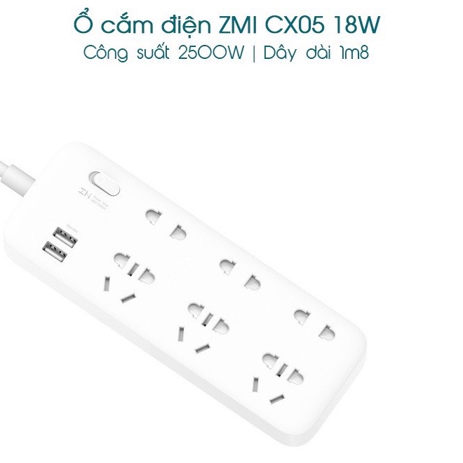 Ổ cắm điện Xiaomi ZMI Power Strip 6 cổng 2 USB Xiaomi ZMI CX05 - Chính Hãng