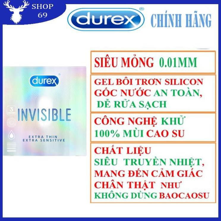 (Che tên) (BAO CAO SU MỎNG NHẤT THẾ GIỚI) Bao cao su DUREX INVISIBLE mỏng, an toàn, uy tín (03bao/ 1 hộp bcs)