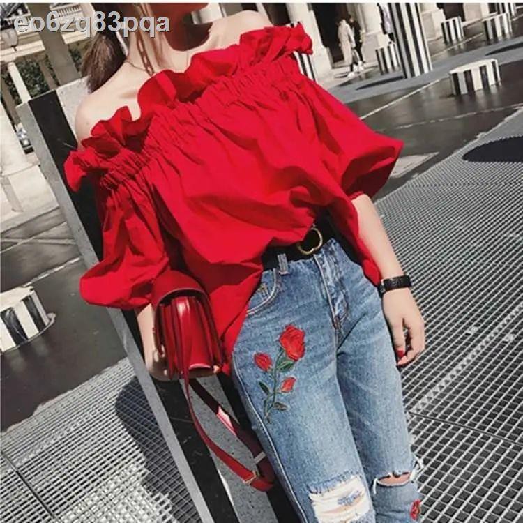 áo trễ vai2021 mùa hè mới phụ nữ Hàn Quốc xuân năm điểm áo sơ mi voan tay thun từ vai quây blouse đỏ