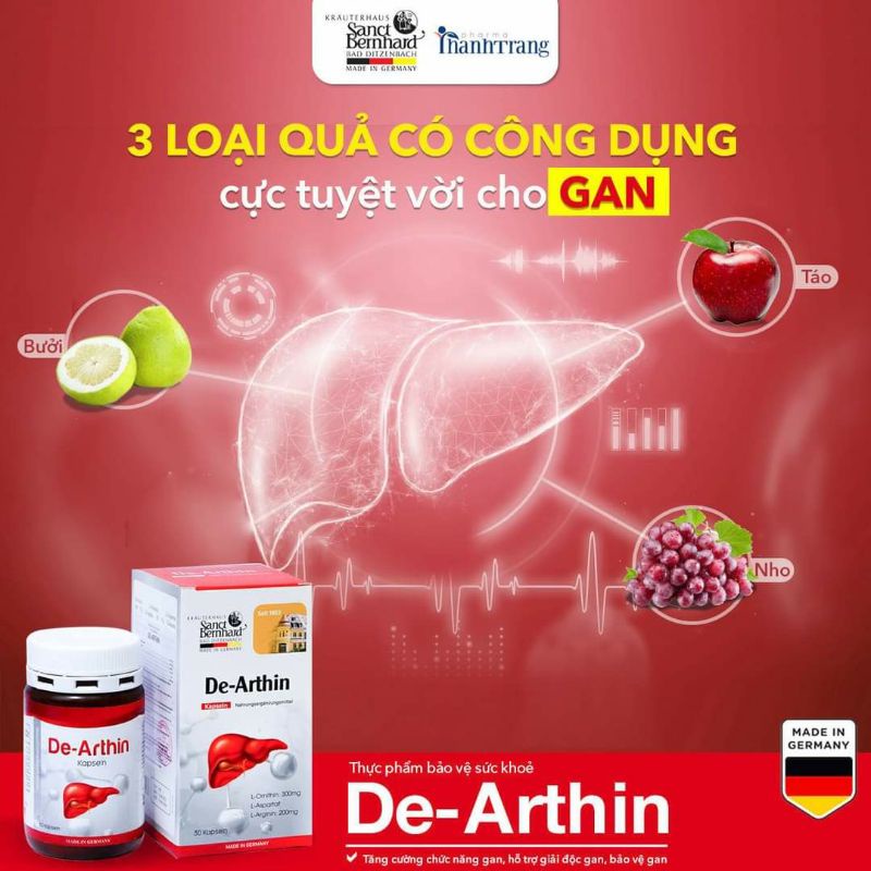 Bổ mát giải độc bảo vệ gan DE-ARTHIN với arginin 200mg giúp ngăn ngừa ung thư xơ viêm gan B nhập khẩu Đức  30 viên