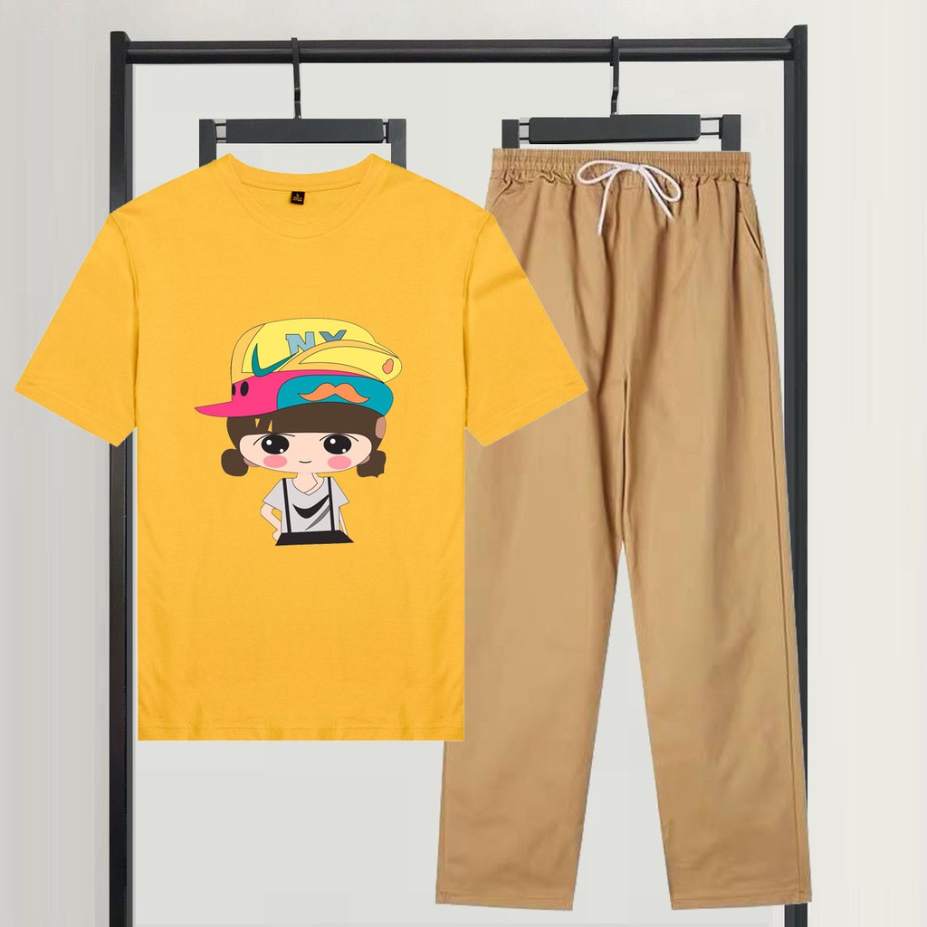 Sét Bộ Đồ Nữ Mặc Đi Chơi Dạo Phố Ngắn Tay Mùa Hè, Áo Phông Cotton In Cô Gái Mũ Kèm Quần Jogger Kaki Phong Cách Hàn Quốc