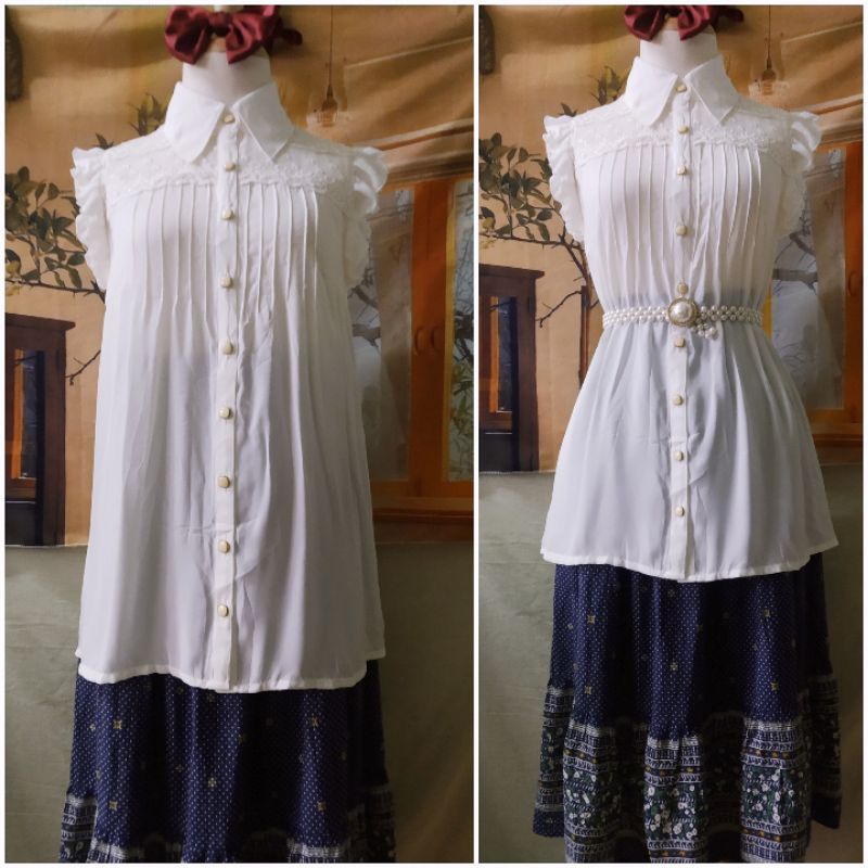 |2hand| Set áo sơ mi voan nhật + chân váy xô hoa nhí dáng dài / khăn voan dài