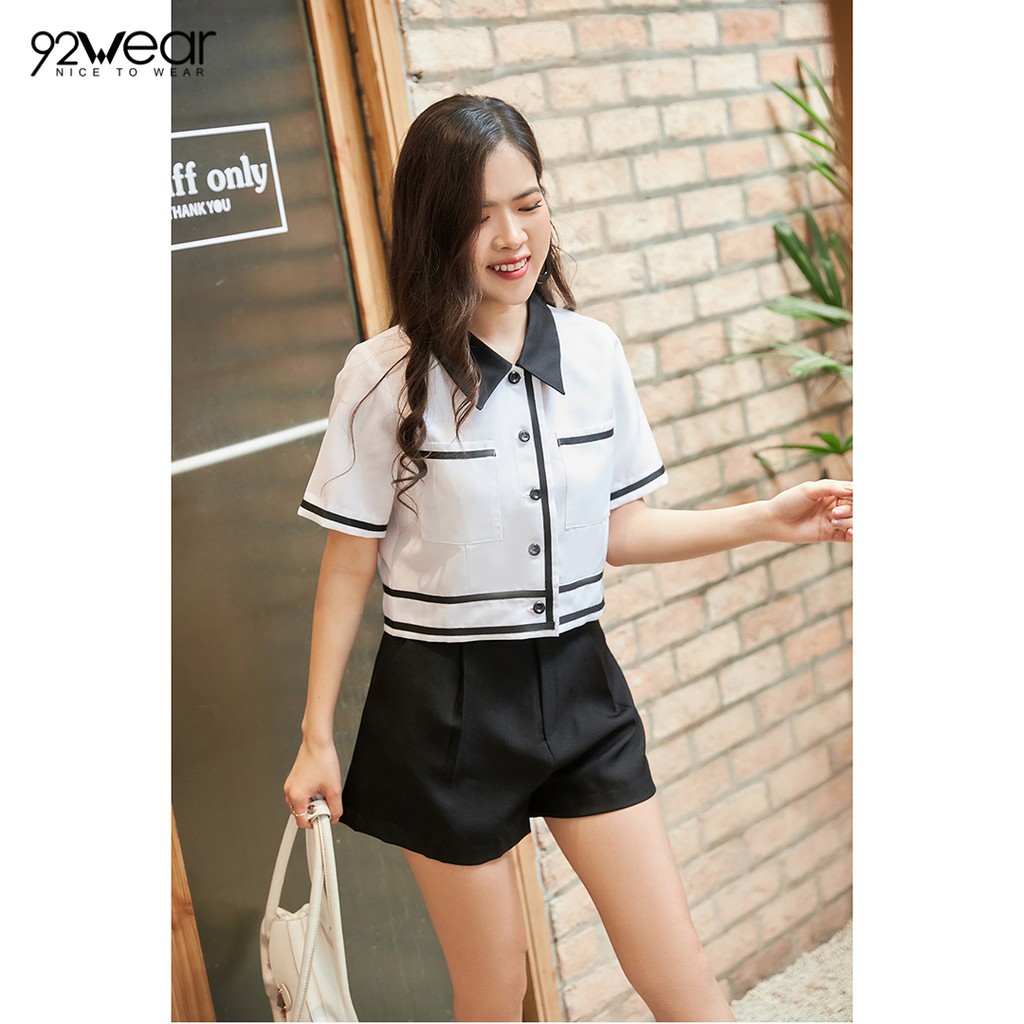 Áo Sơ mi nữ công sở 92WEAR đủ màu, đủ size, thiết kế ngắn tay phối cổ ASW0784