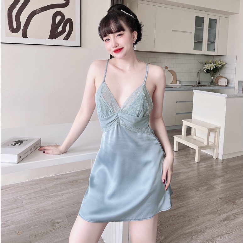 Váy Ngủ Nữ Chữ T Kèm Quần Chíp SOJUN Chất Satin Dưới 60Kg