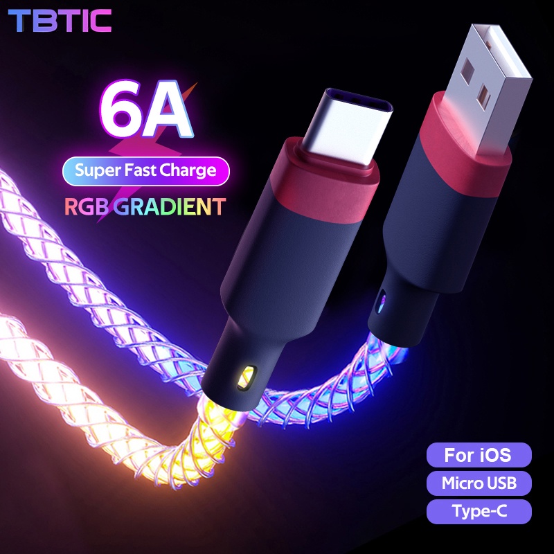 Cáp sạc TBTIC USB Type C 66W màu dạ quang phát sáng nhanh cho điện thoại Huawei Xiaomi Redmi Oppo