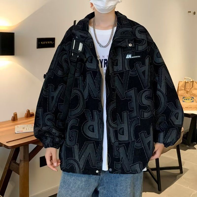Áo Khoác Nhung Kẻ Dáng Rộng In Chữ Phong Cách Thời Trang Hàn Quốc Cho Nam Giới