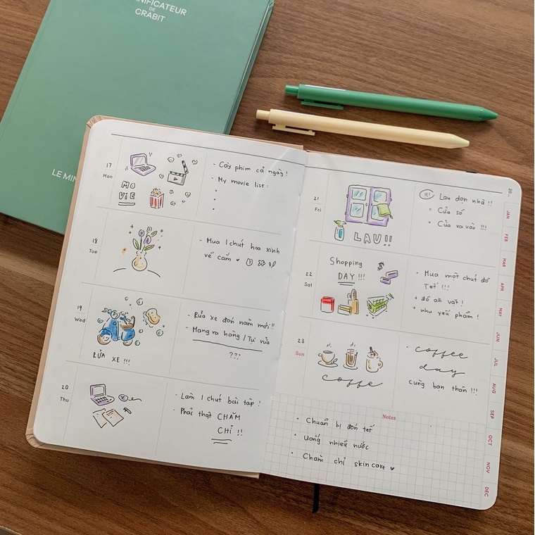 Sổ lịch planner A5 Crabit Sổ kế hoạch 12 tháng không in ngày bìa pastel có túi bìa sau