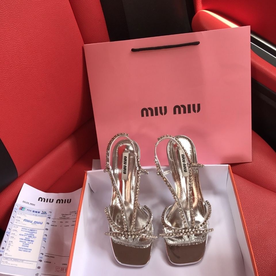 MIU MIU Giày Cao Gót Mũi Nhọn Đính Đá Thời Trang Mùa Hè Dành Cho Nữ