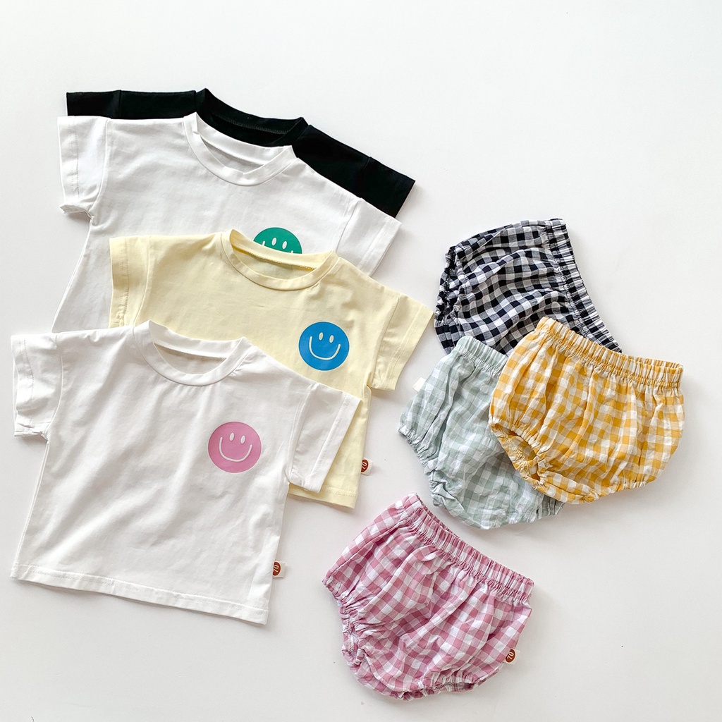 Set Áo Thun Cotton Tay Ngắn In Hình Mặt Cười + Quần Short Họa Tiết Kẻ Sọc Thời Trang Mùa Hè Cho Bé