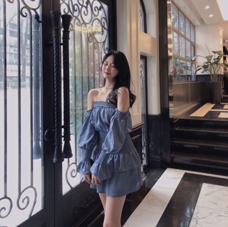 (Sẵn) Váy trễ vai dài tay tiểu thư / Đầm body bèo tầng ( có ảnh thật )