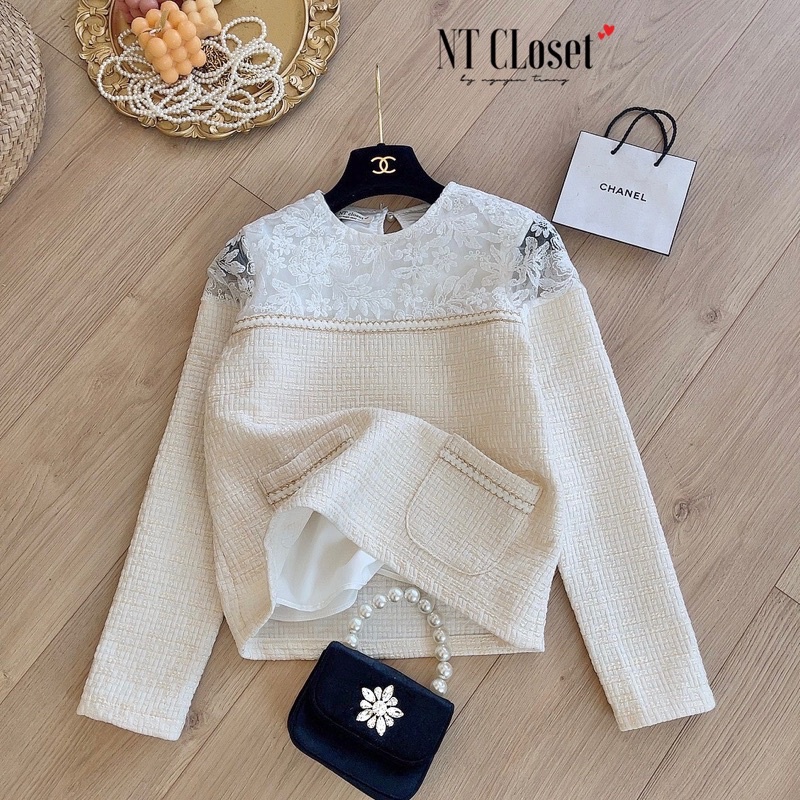 SALE Áo dạ tweed be pha vai ren chuẩn NT closet