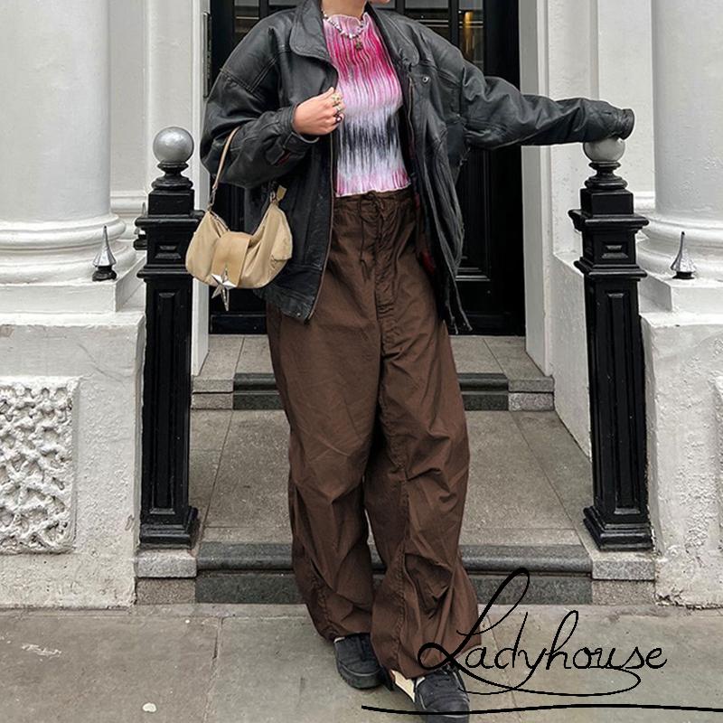 Quần ống rộng Màu Trơn Phối Dây Rút Thời Trang Mùa Xuân Cho Nữ Màu Đen/Nâu