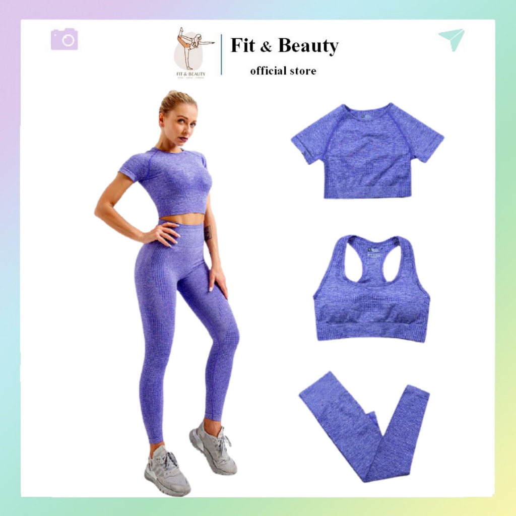 Bộ đồ tập gym nữ 3 món | quần dài legging, áo croptop tay ngắn, bộ tập yoga dệt kim co giãn 4 chiều SET03