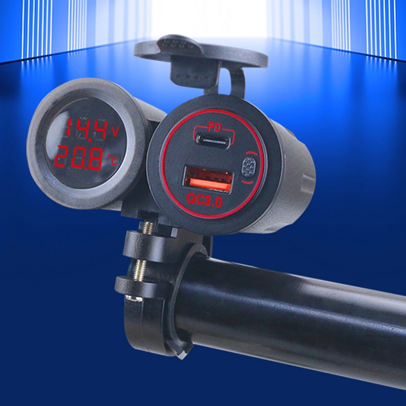 Tẩu Sạc PD QC3.0 Hai Cổng USB Có Màn Hình Hiển Thị Nhiệt Độ Cho Xe Hơi Xe Máy 12 / 24V