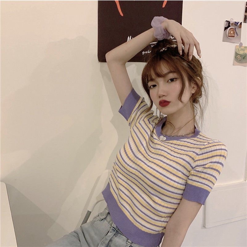 Áo thun Pure Cube tay ngắn cổ tròn họa tiết kẻ sọc phong cách Hàn Quốc thời trang mùa hè mới cho nữ