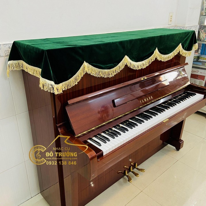 Khăn phủ Đàn Piano Nhung màu xanh rêu tua rua vàng sang trọng