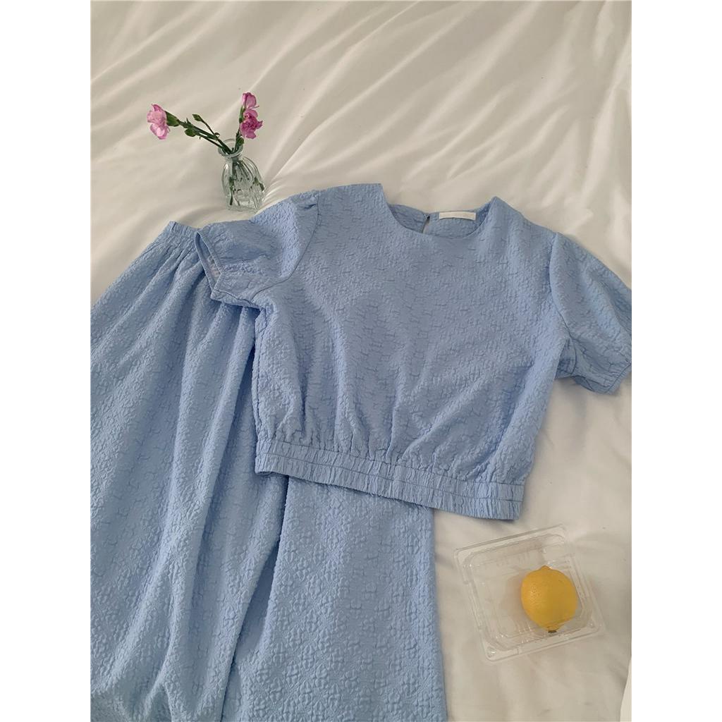 Bộ Áo Sơ Mi Ngắn Tay Cổ Tròn + Chân Váy Dập Nổi 51461