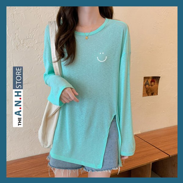 Áo thun xược tay dài xẻ tà cổ tròn nữ in hình phom rộng ANHSTORE , phom rộng phong cách Hàn Quốc