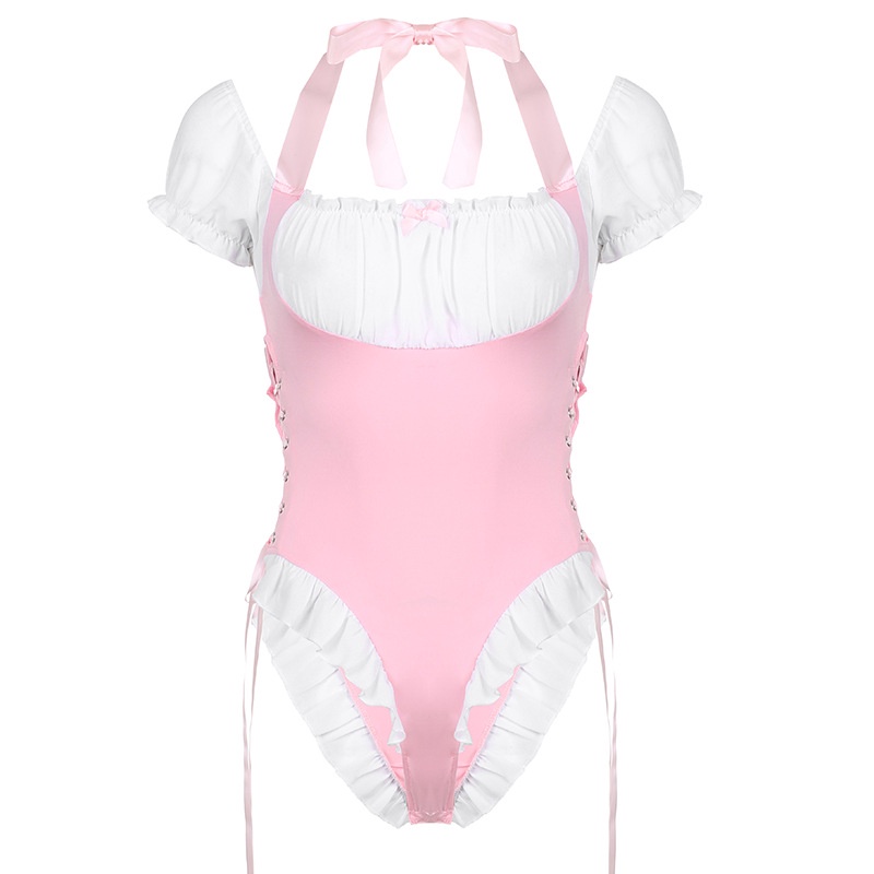 Sweety Girl Bộ Áo Liền Quần Nhún Bèo Hai Mảnh Màu Hồng Búp Bê Có Diềm Xếp Nếp 2022 Cho Nữ