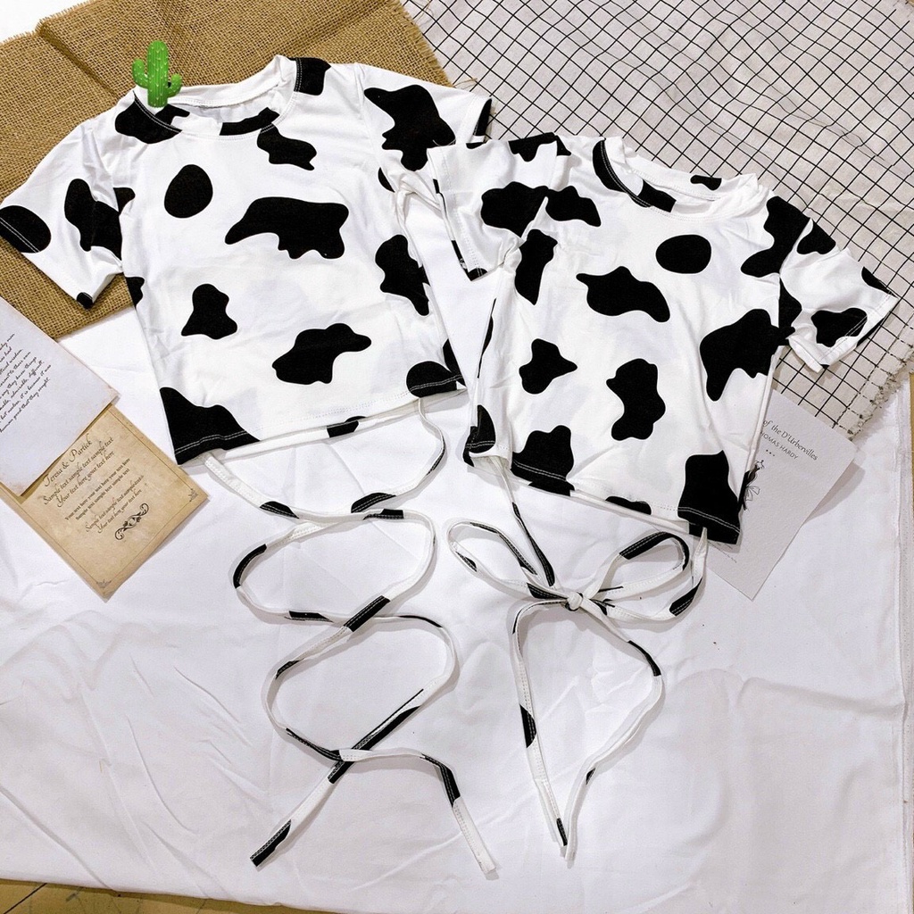 áo croptop họa tiết bò sữa xinh buộc quấn dây eo bụng pc