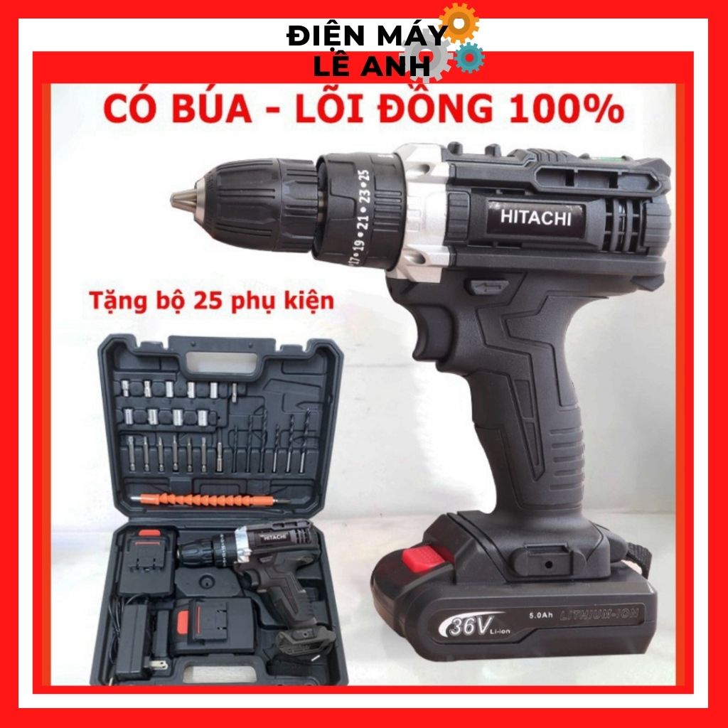 Máy khoan pin bắn bắt siết ốc vít bulong Hitachi 36V chổi than cầm tay mini đa chức năng- Tặng 24 Phụ Kiện