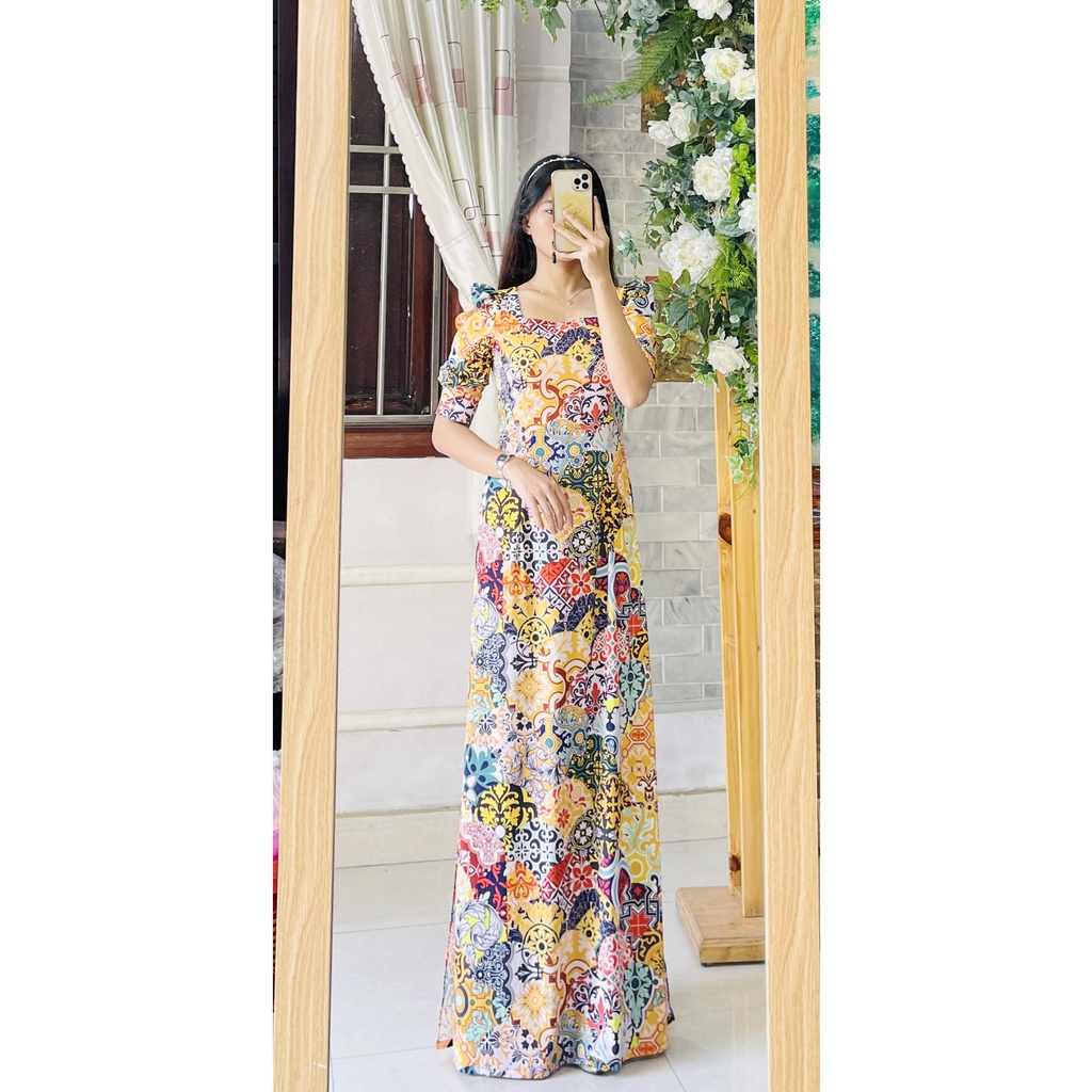 Áo dài gạch bông cô ba sài gòn - áo tay bồng tay phồng