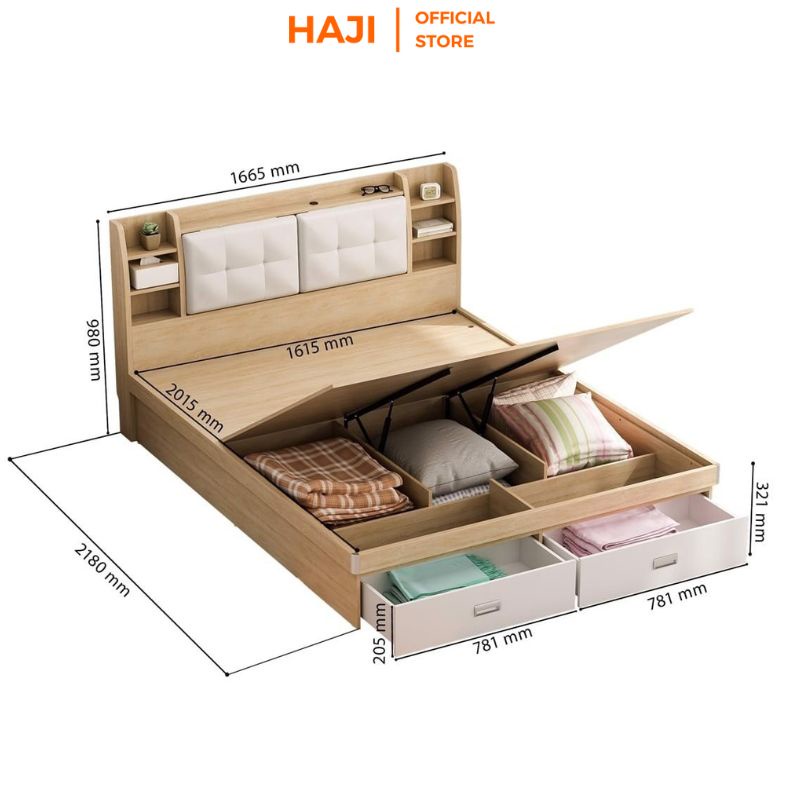 [TẶNG TAB ĐẦU GIƯỜNG 499K] Giường ngủ nâng hạ thông minh HAJI dễ dàng lưu trữ tiết kiệm không gian A235