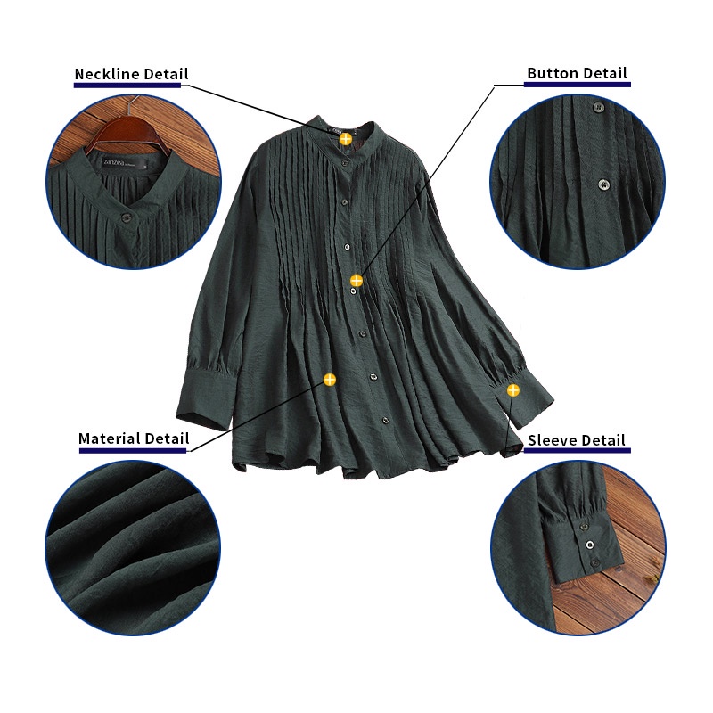 Áo kiểu dài tay ZANZEA cổ tròn xếp ly màu trơn dễ phối đồ cho phái nữ mặc hàng ngày