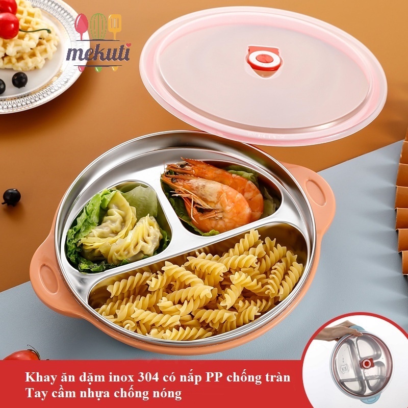 Khay ăn dặm cho bé inox 304 có nắp pp chống tràn tay cầm nhựa chống nóng, khay cơm trẻ em chia ngăn