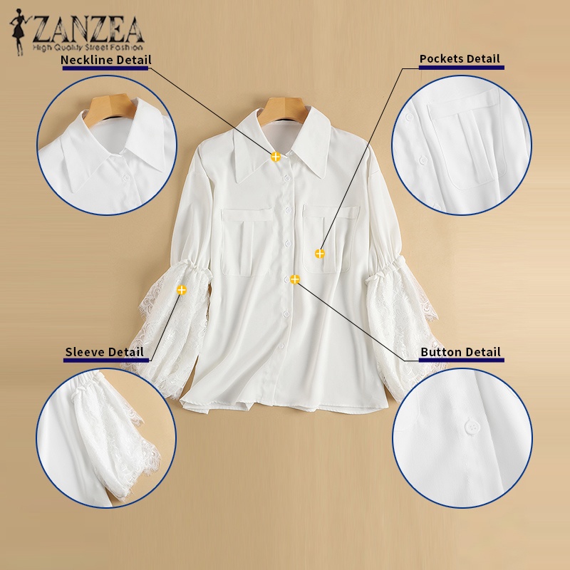 Zanzea Áo Sơ Mi Nữ Dài Tay Cổ Bẻ Phối Ren Thời Trang Châu Âu