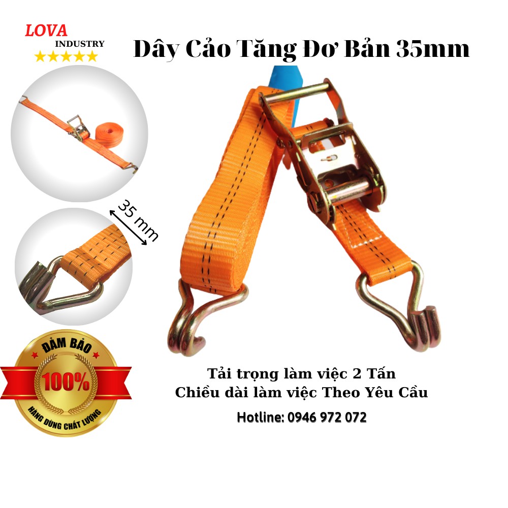 Dây Cảo Tăng Đơ Chằng Hàng Bản 35mm Màu Cam Có móc J, Dây polyester Chiều dài Theo yêu cầu, ràng hàng xe ba gác xe máy