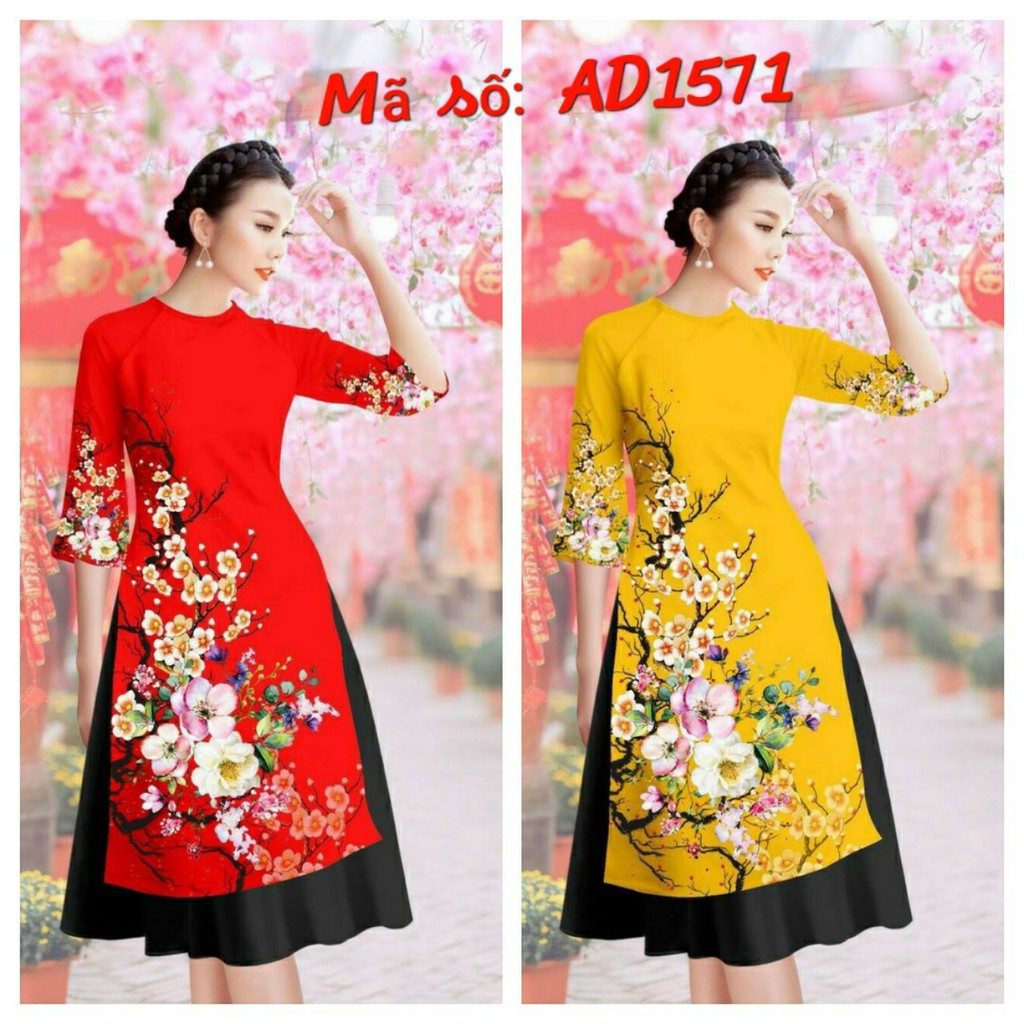 ⚡️ có big size 3XL ⚡️ AD1571 SET  ÁO DÀI CÁCH TÂN  GẤM IN 3D HOA ĐÀO TẾT KÈM VÁY